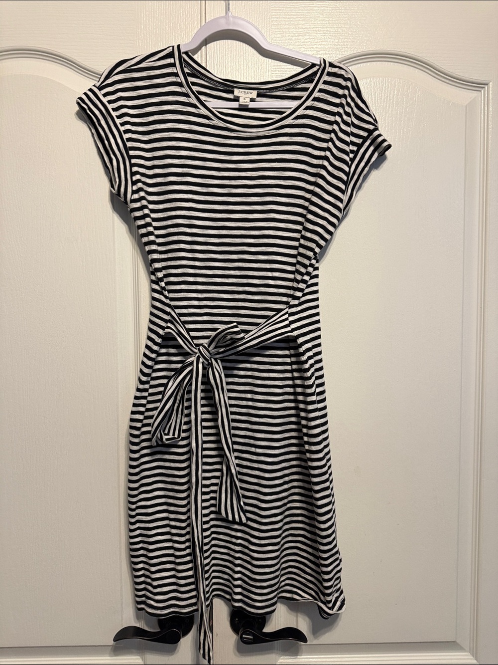 J. Crew Black and White Striped Tie-Waist Midi Dress